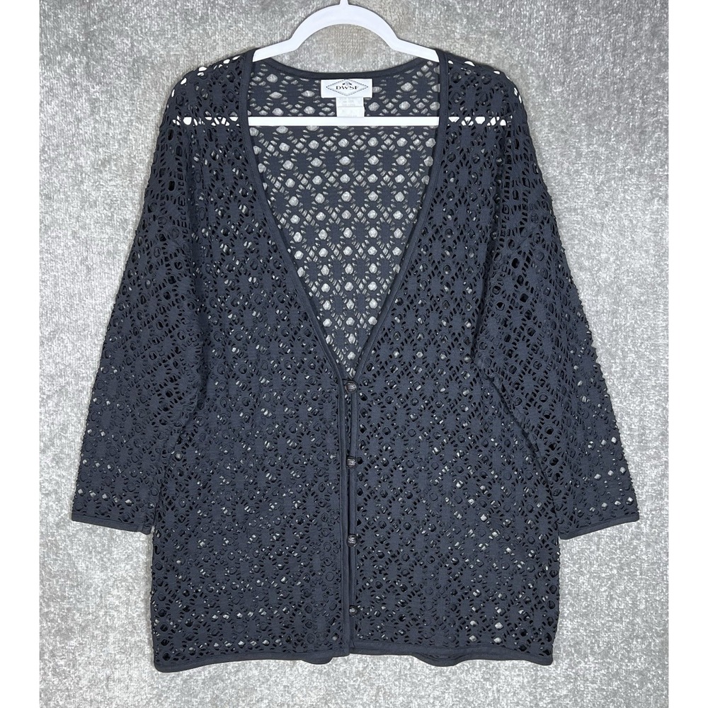 DWSF Open Knit Cover Up Cardigan Womens Size M Black Cotton Oversize Vintage USA